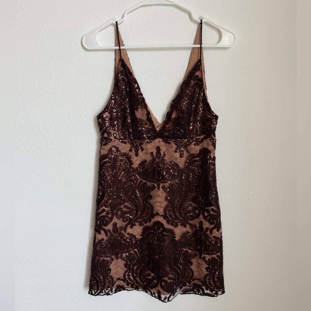 Free People Brown and Tan sequin lace mini slip dress